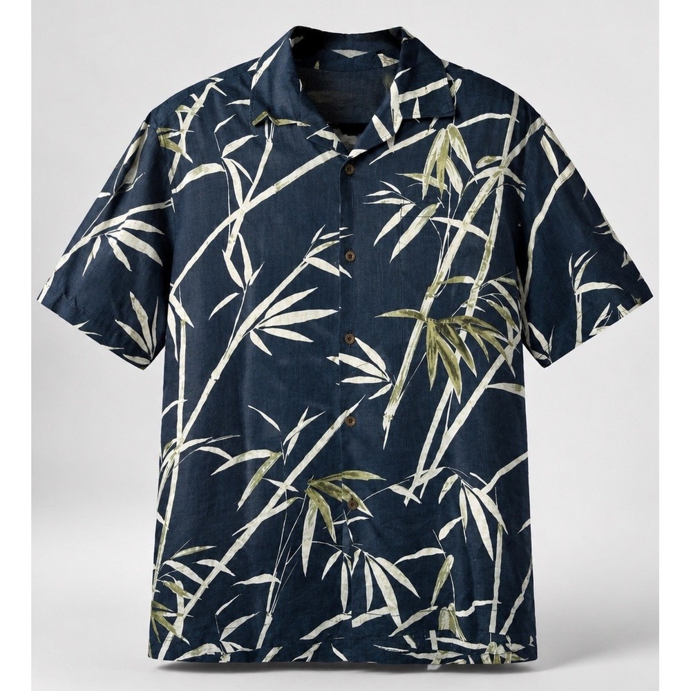 Tommy Bahama Camp Shirt Mens XL 100 Linen Navy Bamboo Print Hawaiian Aloha